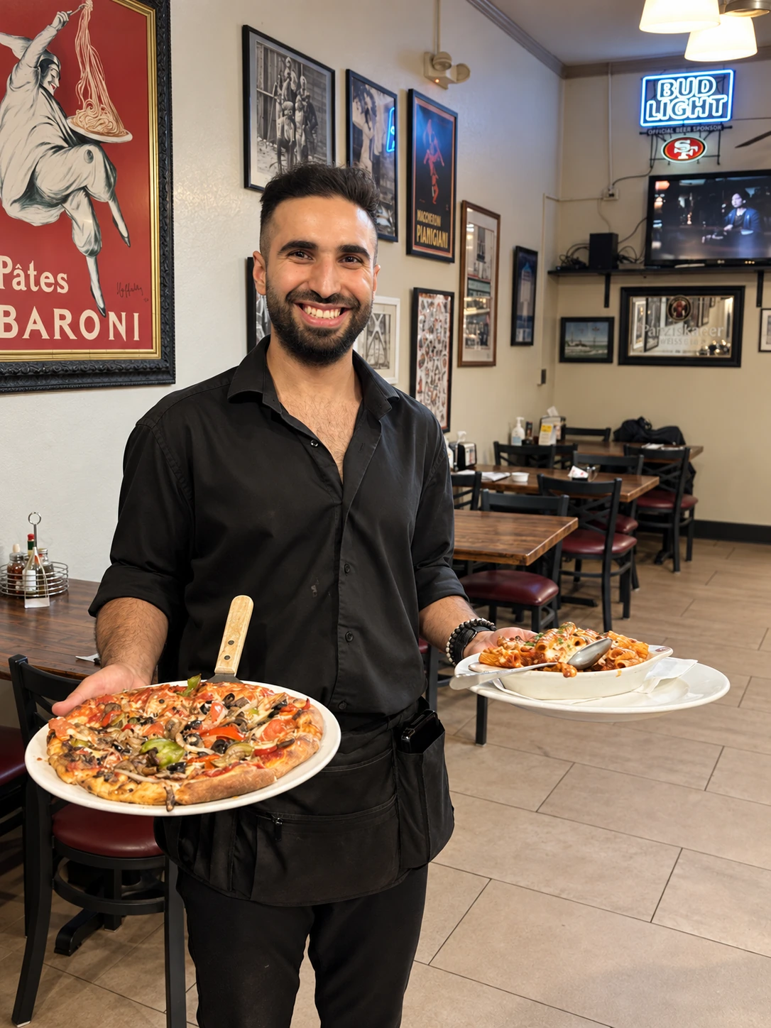 Emir presents a pizza and baked pasta. AI-assisted portrait.