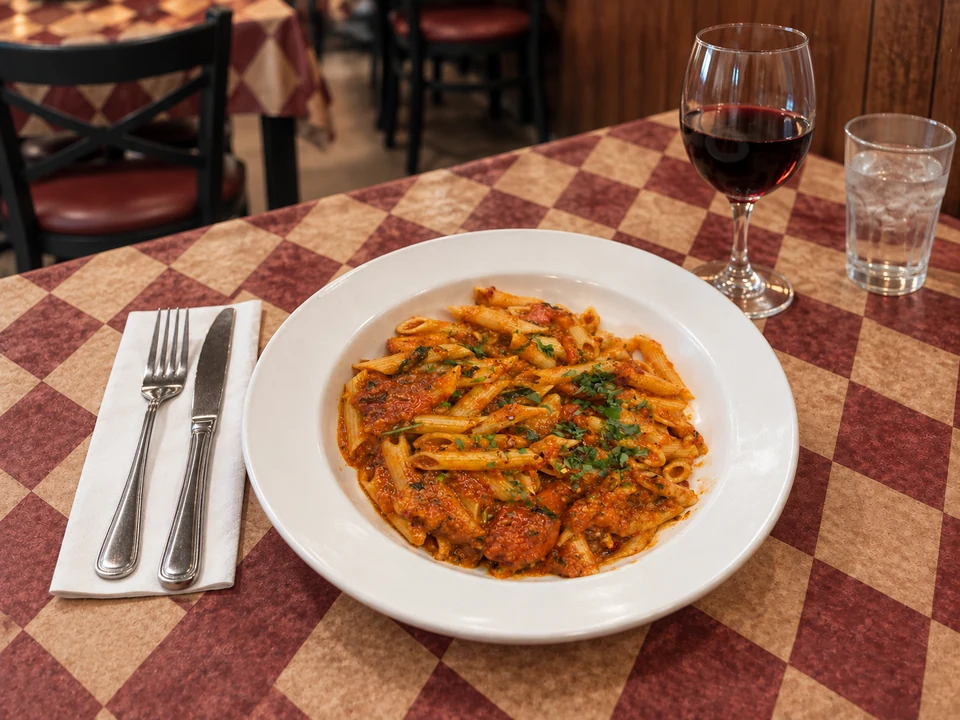 Penne on Gumba’s patterned table. AI-assisted image.