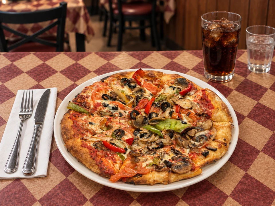 Pizza with vegetables and olives. AI-assisted image.