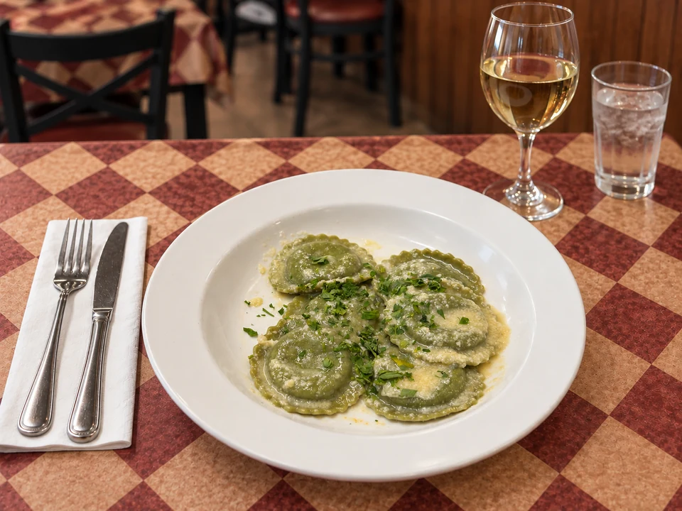 Green filled pasta with sauce. AI-assisted image.