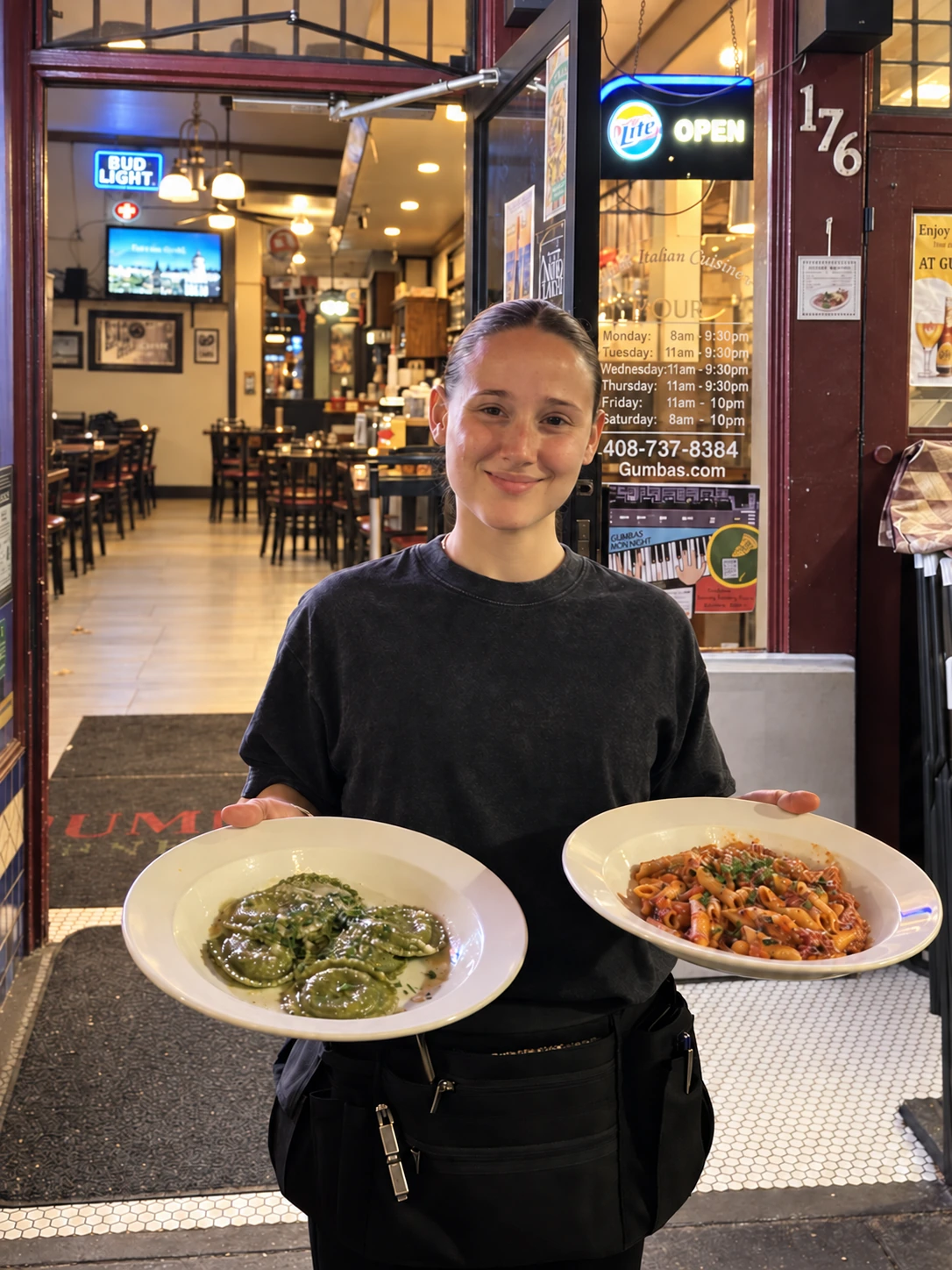 Sofía welcomes you with two pasta dishes. AI-assisted portrait.